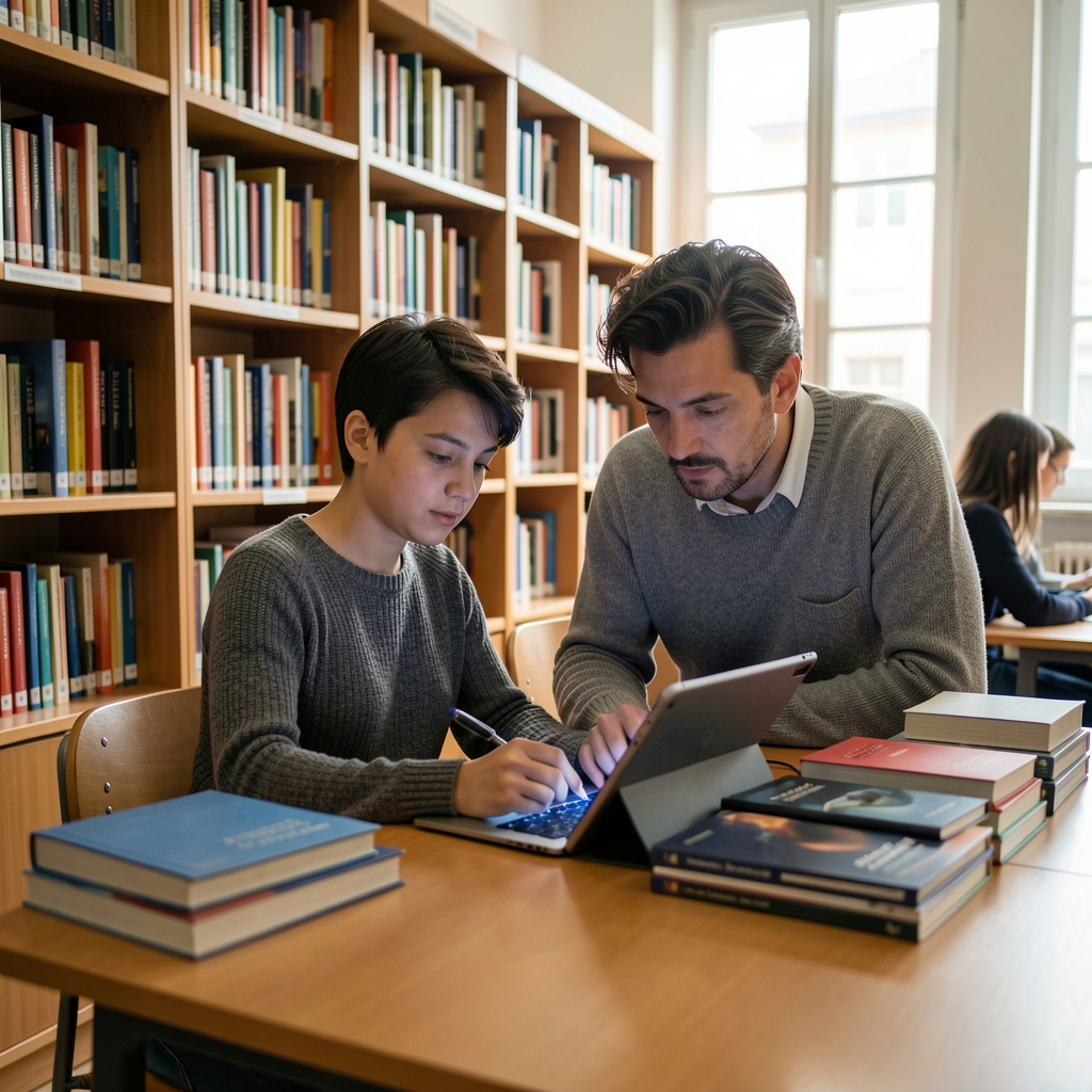 Üniversite kütüphanesinde yapay zeka kitapları ve dijital tabletler üzerinde çalışan bir araştırmacı